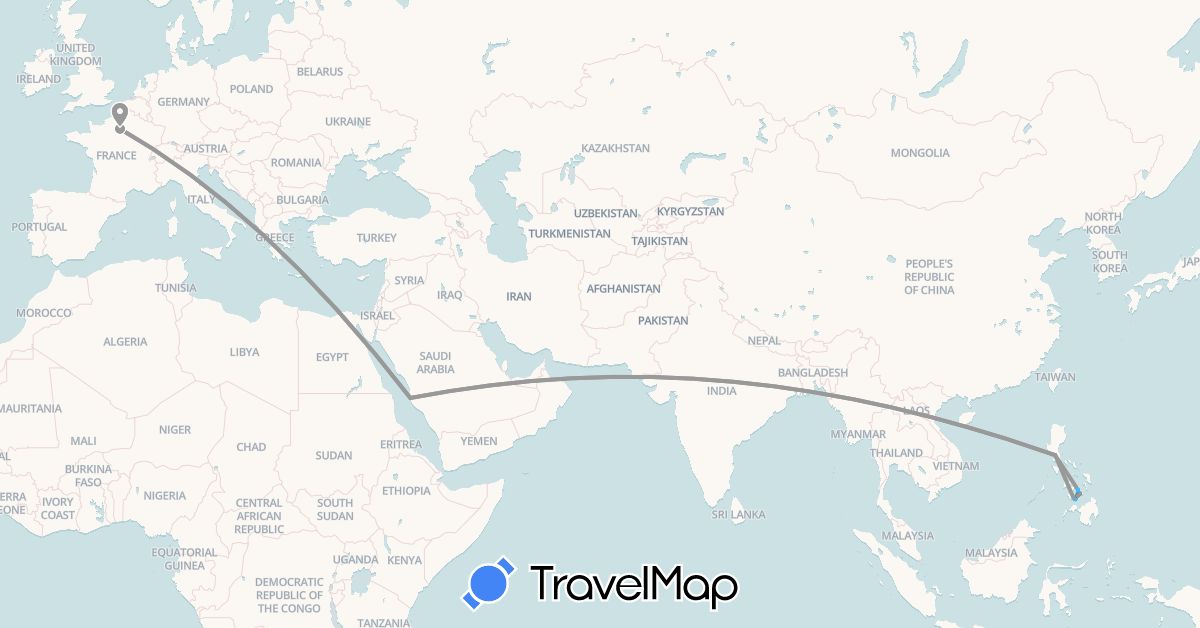 TravelMap itinerary: driving, plane, boat, motorbike in France, Philippines, Saudi Arabia (Asia, Europe)