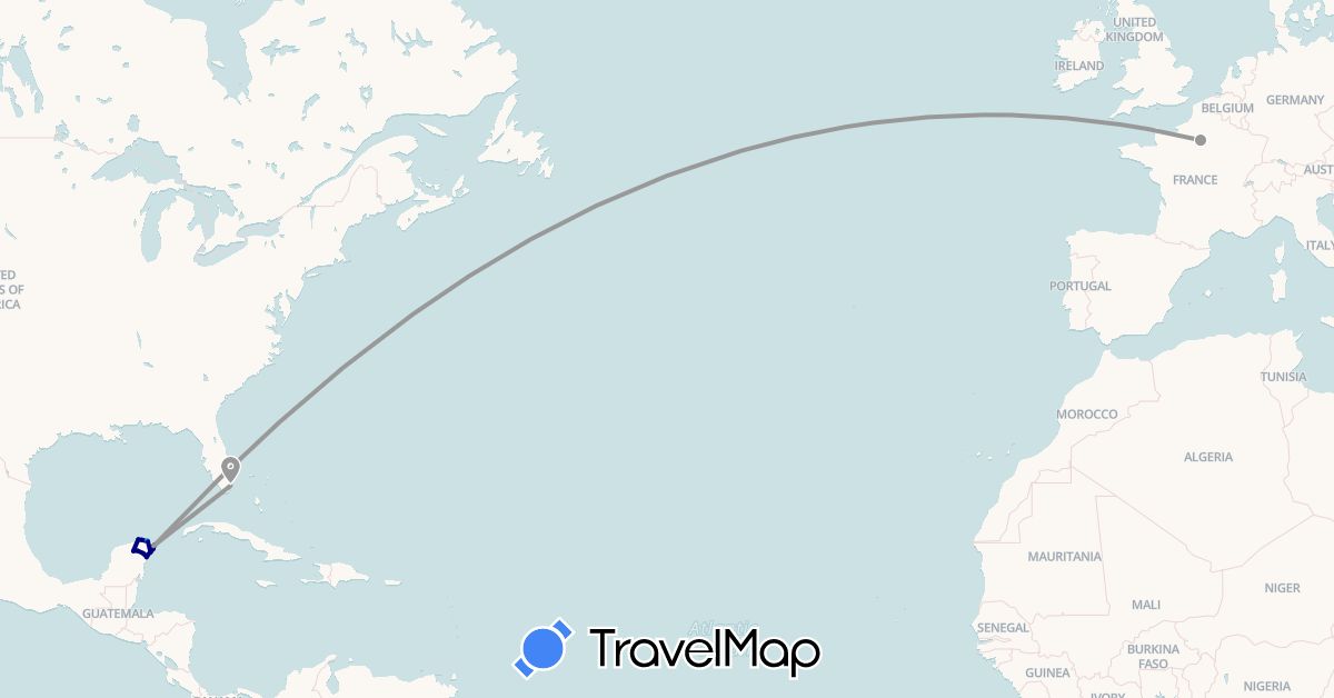 TravelMap itinerary: driving, plane, hiking, boat in France, Mexico, United States (Europe, North America)